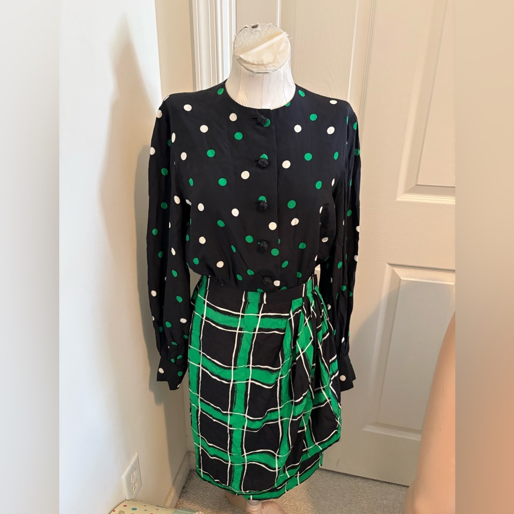 Fine Feathers size 8 Black and Green Polka Dot and Plaid Dress silk